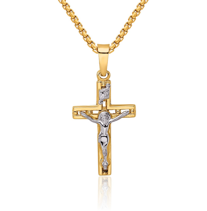 14K Solid Two Tone Gold Inri Lord Jesus Christ Crucifix Holy Cross Necklace Religious Chain Pendant Charm