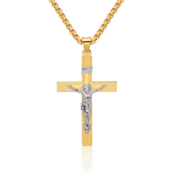 14K Solid Two Tone Gold Inri Lord Jesus Christ Crucifix Holy Cross Necklace Religious Chain Pendant Charm