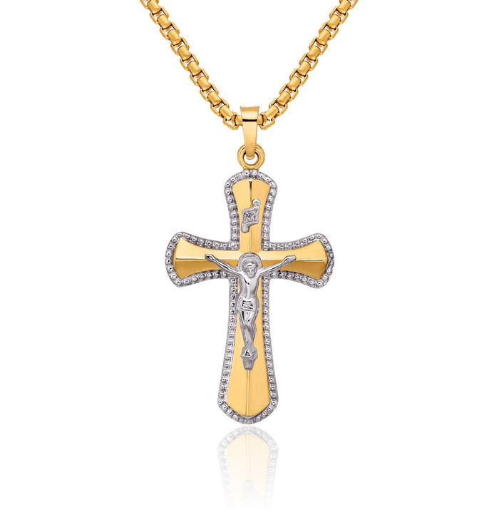 14K Solid Two Tone Gold White Inri Lord Jesus Christ Crucifix Holy Cross Necklace Religious Chain Pendant Charm