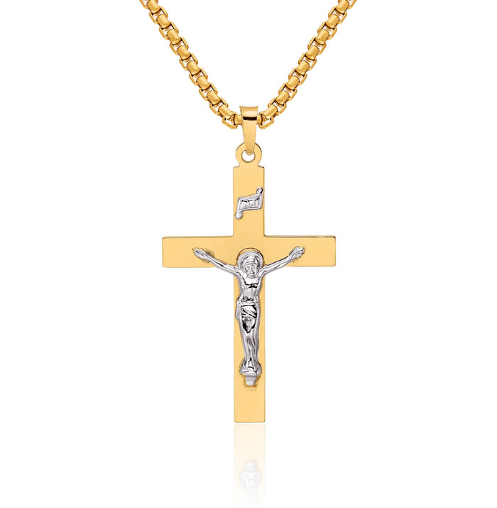 14K Solid Two Tone Gold Inri Lord Jesus Christ Crucifix Holy Cross Necklace Religious Chain Pendant Charm