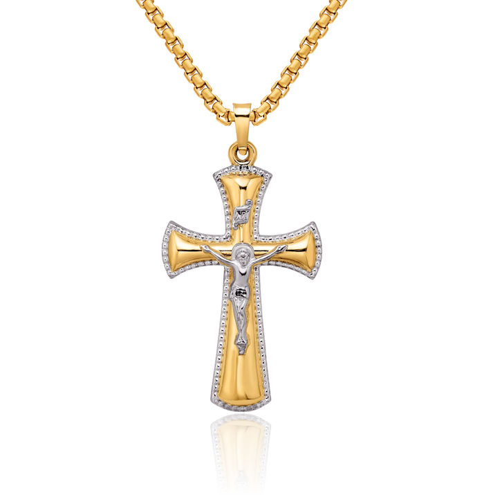 14K Solid Two Tone Gold White Inri Lord Jesus Christ Crucifix Holy Cross Necklace Religious Chain Pendant Charm