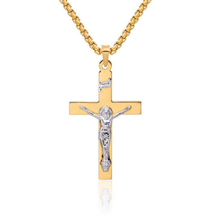 14K Solid Two Tone Gold Inri Lord Jesus Christ Crucifix Holy Cross Necklace Religious Chain Pendant Charm