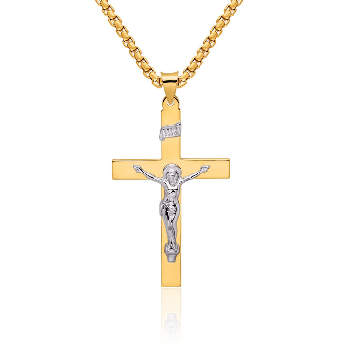14K Solid Two Tone Gold Inri Lord Jesus Christ Crucifix Holy Cross Necklace Religious Chain Pendant Charm