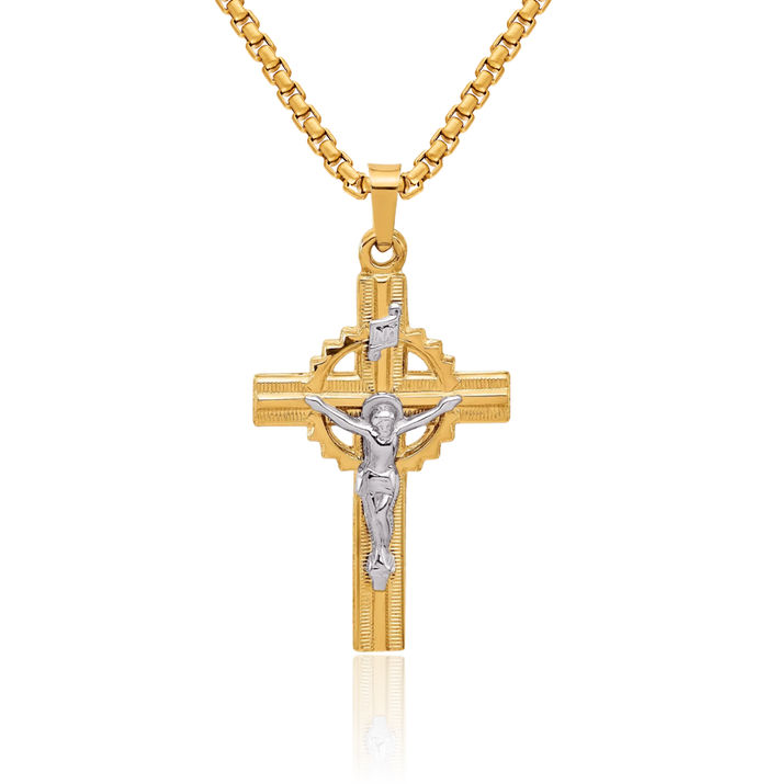 14K Solid Two Tone Gold White Inri Lord Jesus Christ Crucifix Holy Cross Necklace Religious Chain Pendant Charm