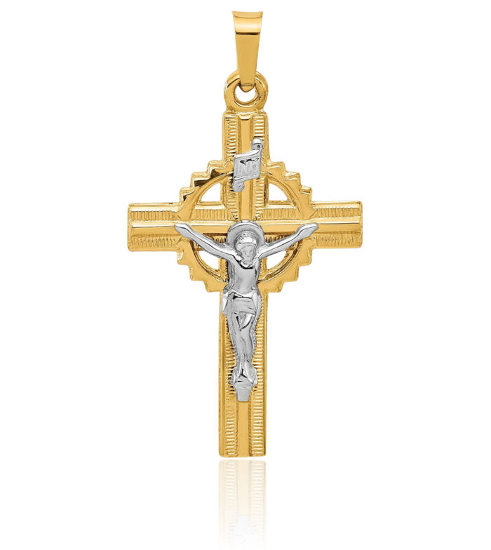 14K Solid Two Tone Gold White Inri Lord Jesus Christ Crucifix Holy Cross Necklace Religious Chain Pendant Charm