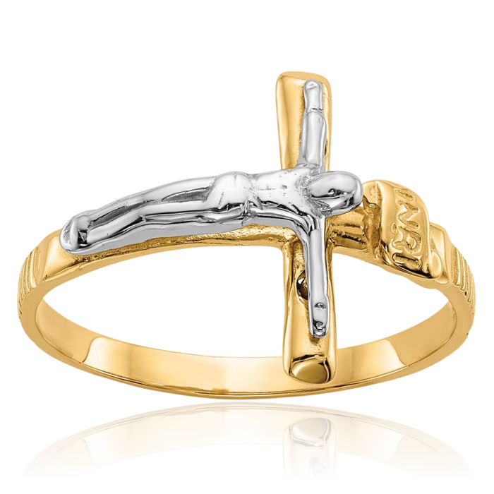 14K Solid Two Tone Gold Inri Lord Jesus Christ Crucifix Holy Cross Ring Christian Religious Band