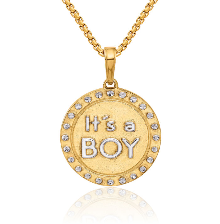 14K Solid Two Tone Yellow White Gold Its Boy Necklace Chain Pendant Charm