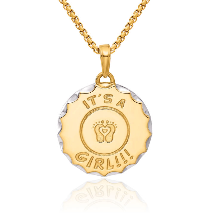 14K Solid Two Tone Yellow White Gold Its Girl Disc Necklace Chain Pendant Charm