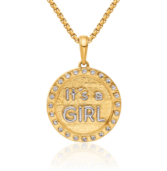 14K Solid Two Tone Yellow White Gold Its Girl Necklace Chain Pendant Charm