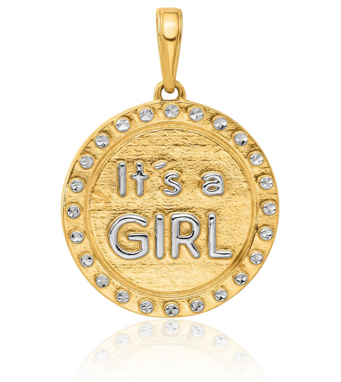 14K Solid Two Tone Yellow White Gold Its Girl Necklace Chain Pendant Charm