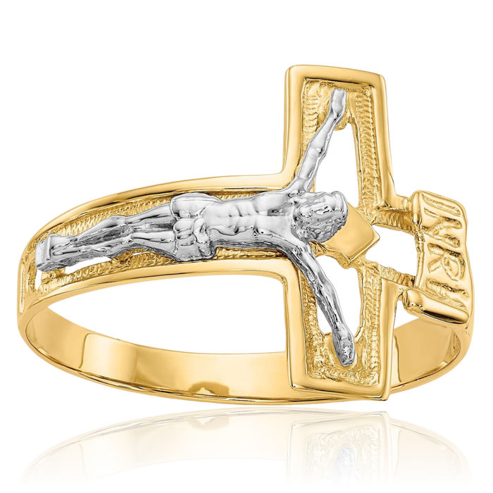 14K Solid Two Tone Gold Lord Jesus Christ Crucifix Holy Cross Mens Ring Christian Religious Band