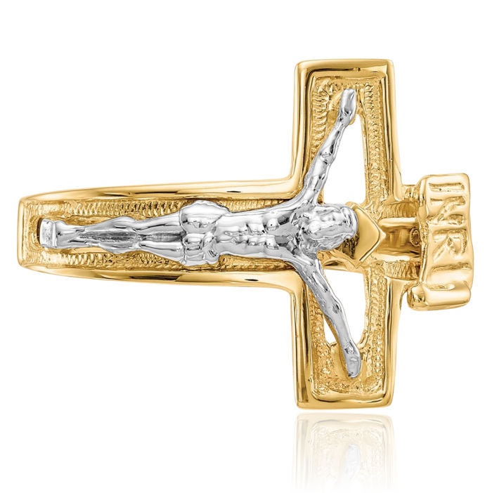 14K Solid Two Tone Gold Lord Jesus Christ Crucifix Holy Cross Mens Ring Christian Religious Band