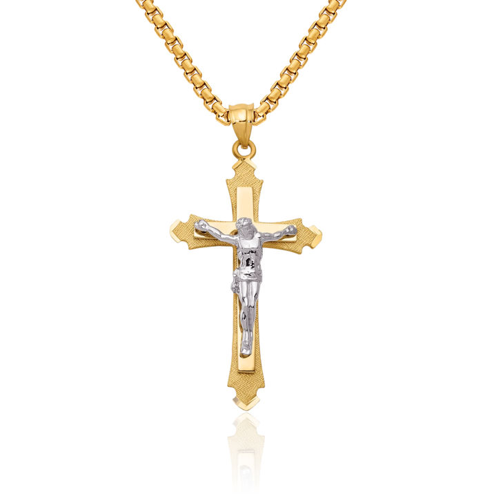 14K Solid Two Tone Gold Lord Jesus Christ Crucifix Holy Cross Necklace Religious Chain Pendant Charm