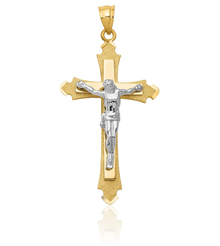 14K Solid Two Tone Gold Lord Jesus Christ Crucifix Holy Cross Necklace Religious Chain Pendant Charm