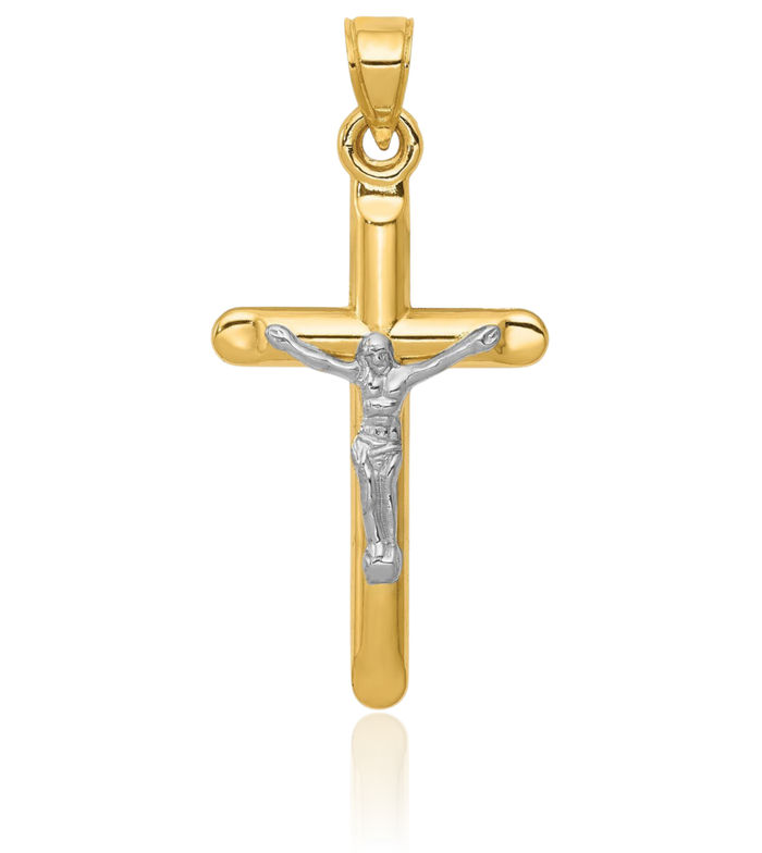 14K Solid Two Tone Gold Lord Jesus Christ Crucifix Holy Cross Necklace Religious Chain Pendant Charm