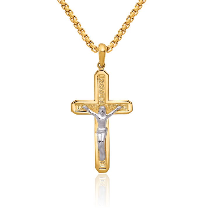 14K Solid Two Tone Gold Lord Jesus Christ Crucifix Holy Cross Necklace Religious Chain Pendant Charm