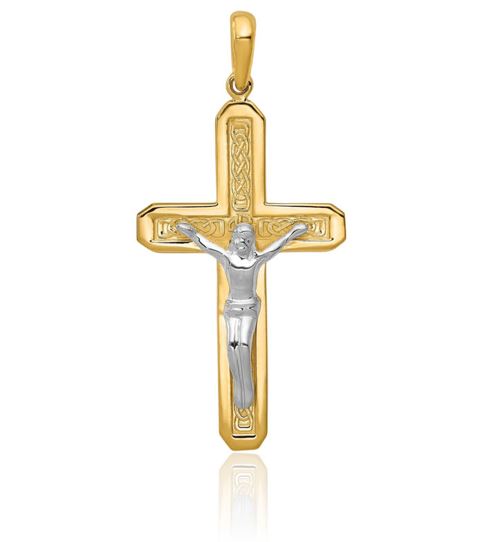 14K Solid Two Tone Gold Lord Jesus Christ Crucifix Holy Cross Necklace Religious Chain Pendant Charm