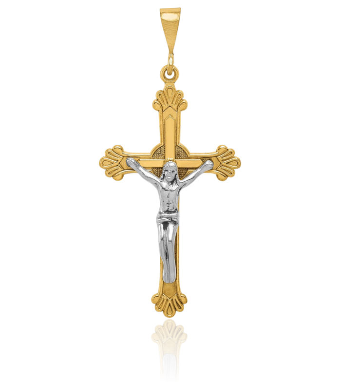 14K Solid Two Tone Gold Lord Jesus Christ Crucifix Holy Cross Necklace Heart Irish Claddagh Celtic Religious Chain Pendant Charm Jewelry