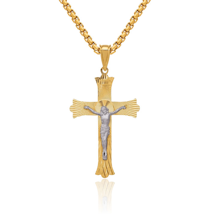 14K Solid Two Tone Gold Lord Jesus Christ Crucifix Holy Cross Necklace Religious Chain Pendant Charm