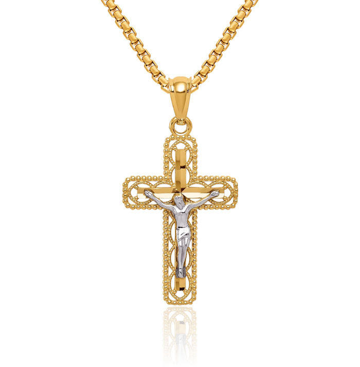 14K Solid Two Tone Gold Lord Jesus Christ Crucifix Holy Cross Necklace Religious Chain Pendant Charm