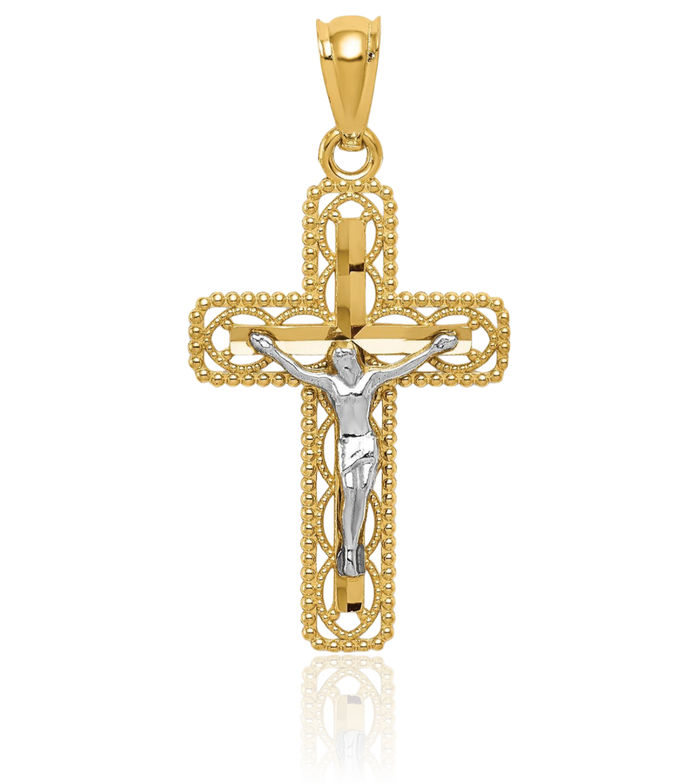 14K Solid Two Tone Gold Lord Jesus Christ Crucifix Holy Cross Necklace Religious Chain Pendant Charm