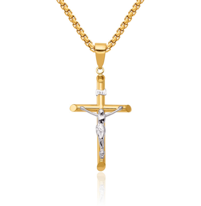 14K Solid Two Tone Gold Lord Jesus Christ Crucifix Holy Cross Necklace Religious Chain Pendant Charm