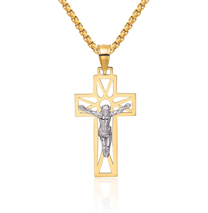 14K Solid Two Tone Gold Lord Jesus Christ Crucifix Holy Cross Necklace Religious Chain Pendant Charm