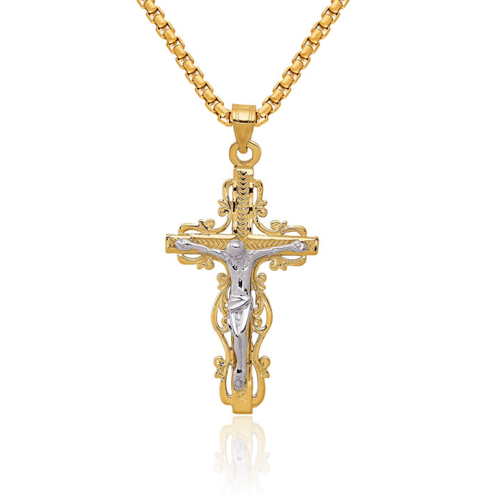 14K Solid Two Tone Gold Lord Jesus Christ Crucifix Holy Cross Necklace Religious Chain Pendant Charm