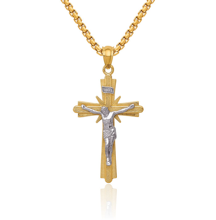 14K Solid Two Tone Gold Lord Jesus Christ Crucifix Holy Cross Necklace Religious Chain Pendant Charm