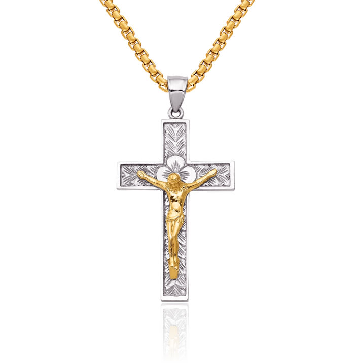 14K Solid Two Tone Gold Lord Jesus Christ Crucifix Holy Cross Necklace Religious Chain Pendant Charm