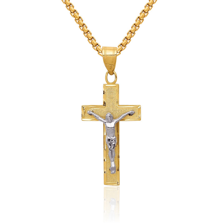 14K Solid Two Tone Gold Lord Jesus Christ Crucifix Holy Cross Necklace Religious Chain Pendant Charm