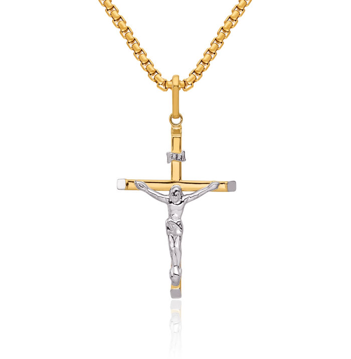 14K Solid Two Tone Gold Lord Jesus Christ Crucifix Holy Cross Necklace Religious Chain Pendant Charm