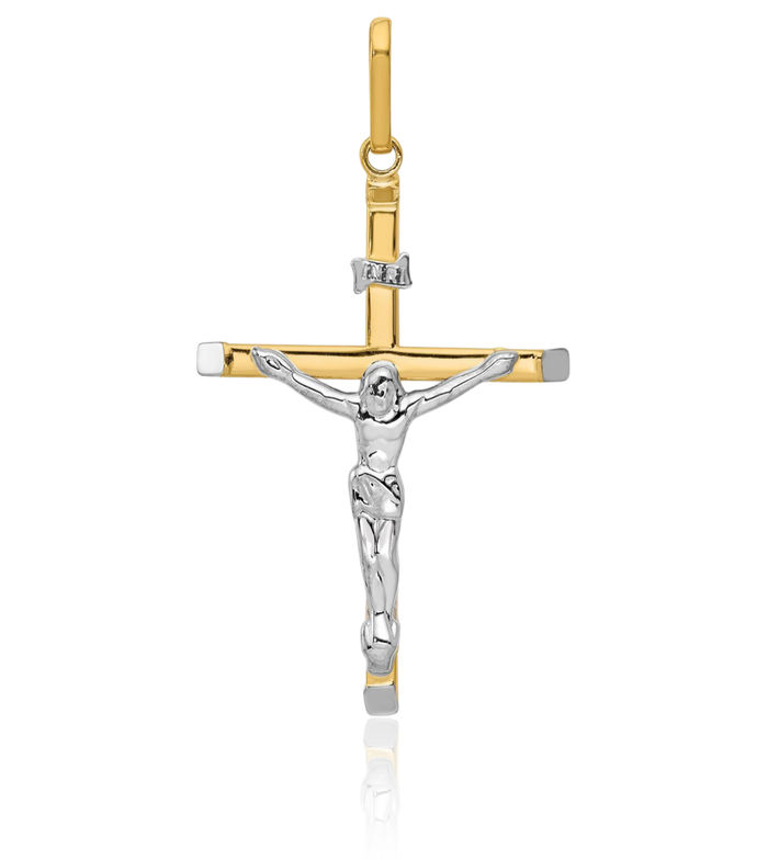 14K Solid Two Tone Gold Lord Jesus Christ Crucifix Holy Cross Necklace Religious Chain Pendant Charm