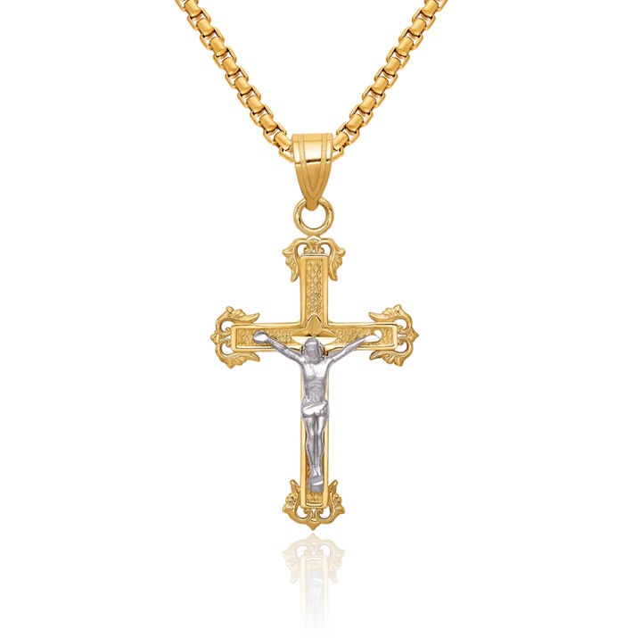 14K Solid Two Tone Gold Lord Jesus Christ Crucifix Holy Cross Necklace Religious Chain Pendant Charm