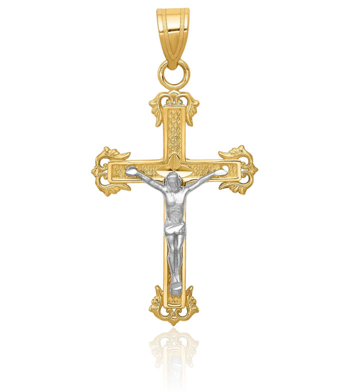 14K Solid Two Tone Gold Lord Jesus Christ Crucifix Holy Cross Necklace Religious Chain Pendant Charm