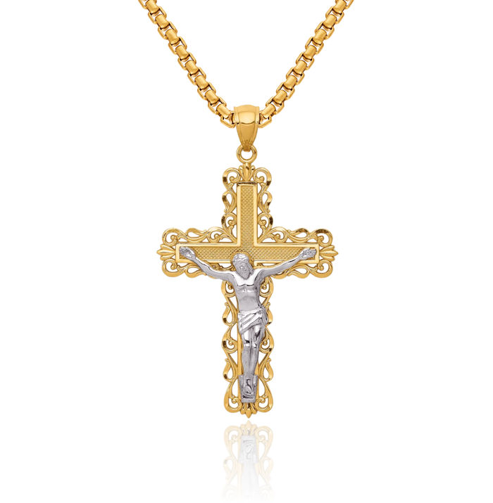 14K Solid Two Tone Gold Lord Jesus Christ Crucifix Holy Cross Necklace Religious Chain Pendant Charm