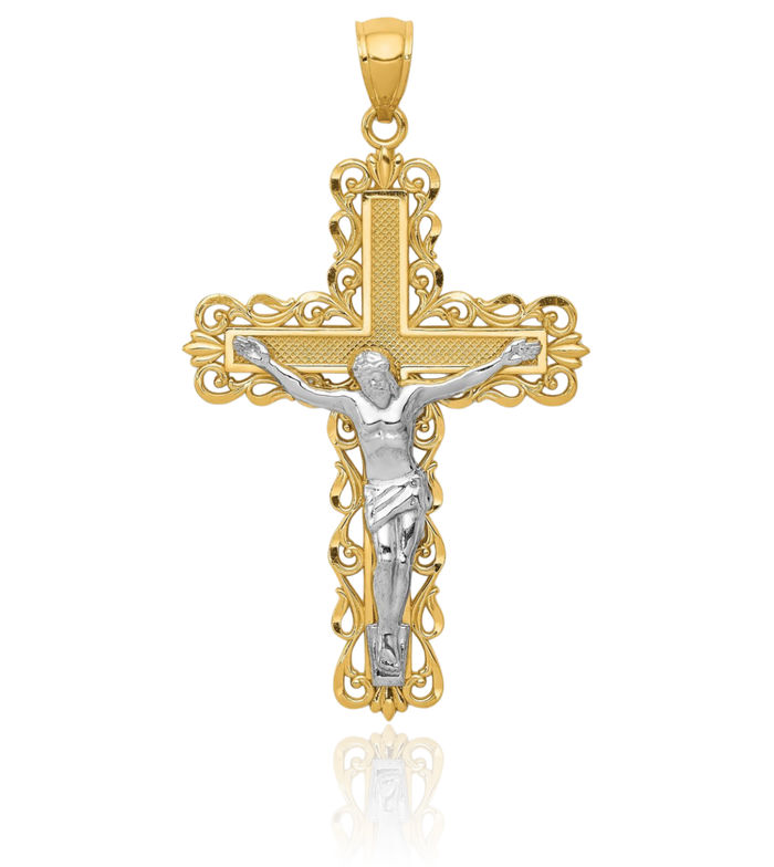 14K Solid Two Tone Gold Lord Jesus Christ Crucifix Holy Cross Necklace Religious Chain Pendant Charm