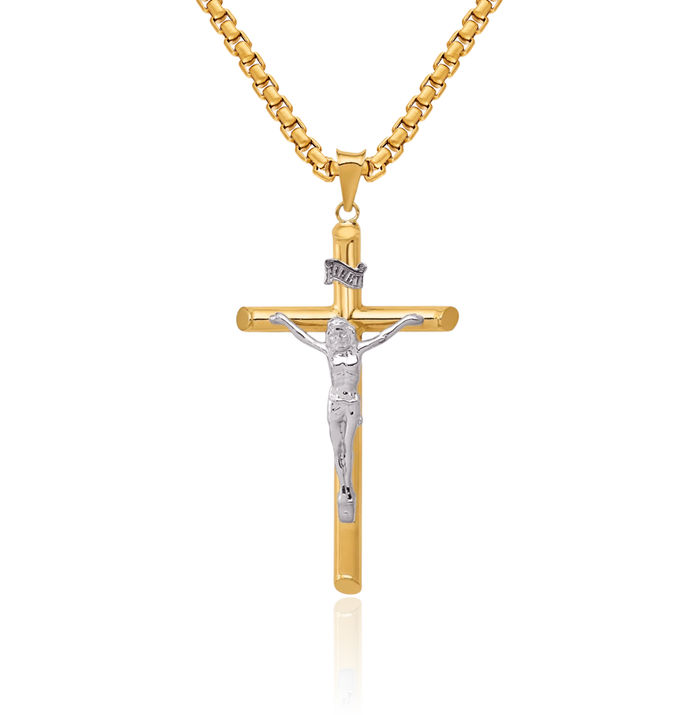 14K Solid Two Tone Gold Lord Jesus Christ Crucifix Holy Cross Necklace Religious Chain Pendant Charm