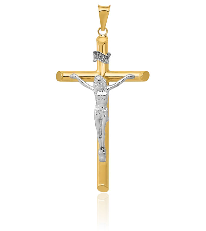 14K Solid Two Tone Gold Lord Jesus Christ Crucifix Holy Cross Necklace Religious Chain Pendant Charm