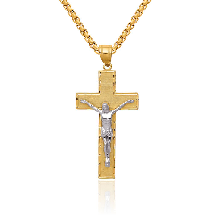 14K Solid Two Tone Gold Lord Jesus Christ Crucifix Holy Cross Necklace Religious Chain Pendant Charm