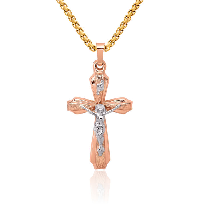 14K Solid Two Tone Gold Lord Jesus Christ Crucifix Holy Cross Necklace Religious Chain Pendant Charm