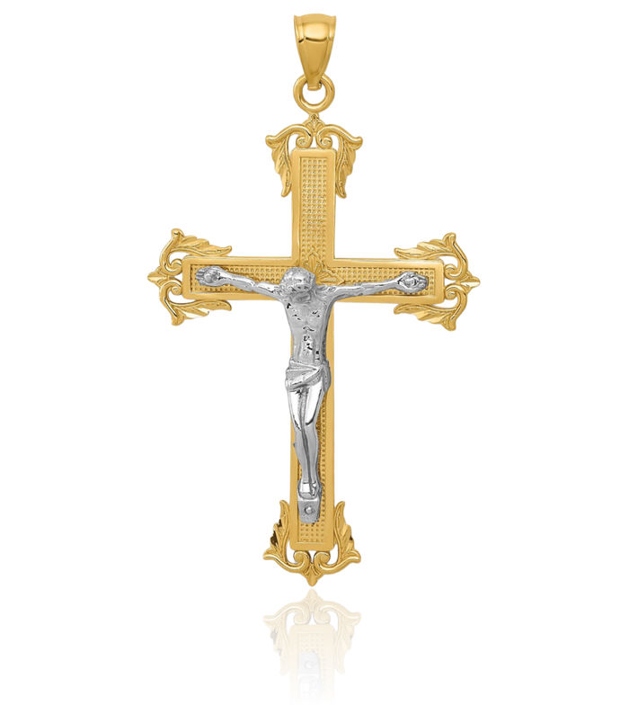 14K Solid Two Tone Gold Lord Jesus Christ Crucifix Holy Cross Necklace Religious Chain Pendant Charm