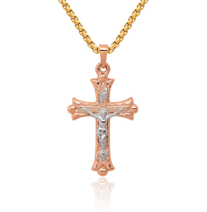 14K Solid Two Tone Gold Lord Jesus Christ Crucifix Holy Cross Necklace Religious Chain Pendant Charm