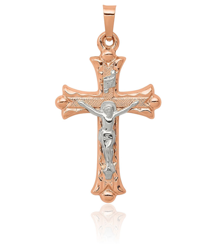 14K Solid Two Tone Gold Lord Jesus Christ Crucifix Holy Cross Necklace Religious Chain Pendant Charm