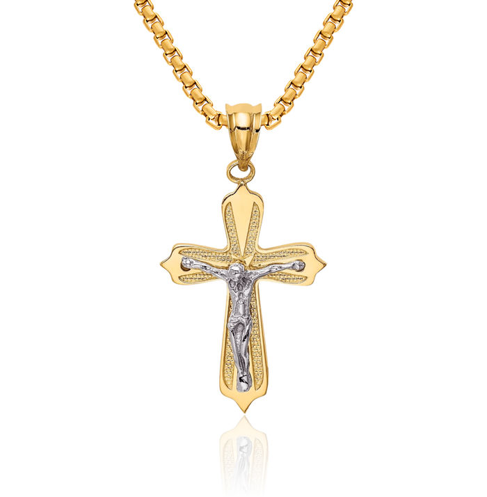 14K Solid Two Tone Gold Lord Jesus Christ Crucifix Holy Cross Necklace Religious Chain Pendant Charm