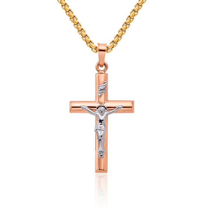 14K Solid Two Tone Gold Lord Jesus Christ Crucifix Holy Cross Necklace Religious Chain Pendant Charm