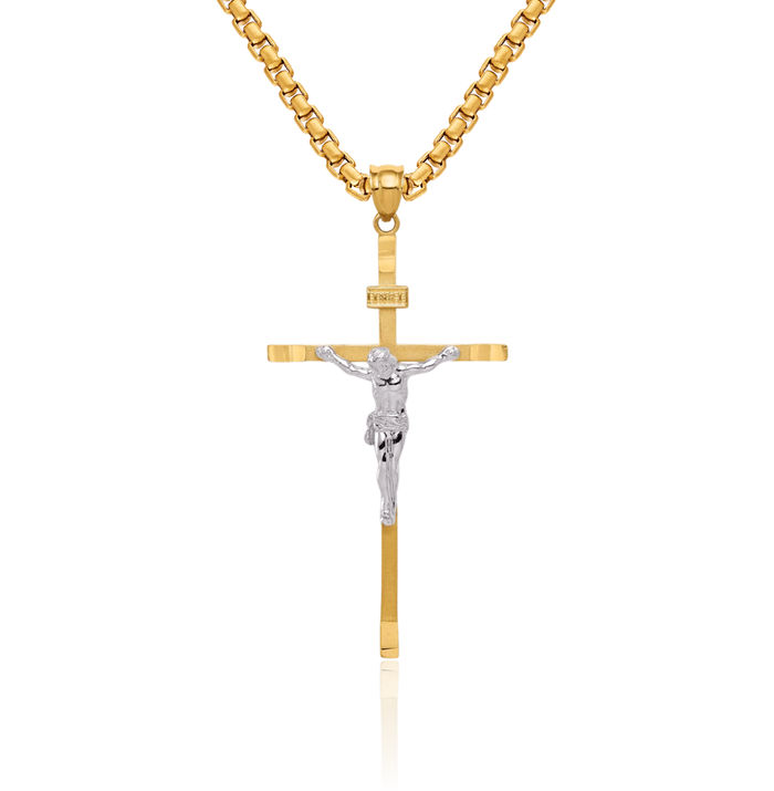 14K Solid Two Tone Gold Lord Jesus Christ Crucifix Holy Cross Necklace Religious Chain Pendant Charm