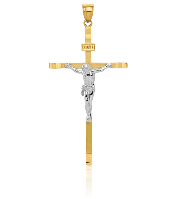 14K Solid Two Tone Gold Lord Jesus Christ Crucifix Holy Cross Necklace Religious Chain Pendant Charm