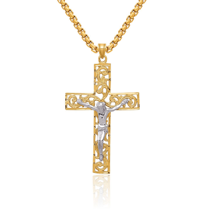 14K Solid Two Tone Gold Lord Jesus Christ Crucifix Holy Cross Necklace Religious Chain Pendant Charm