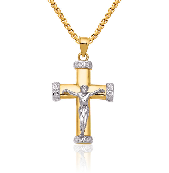 14K Solid Two Tone Gold Lord Jesus Christ Crucifix Holy Cross Necklace Religious Chain Pendant Charm